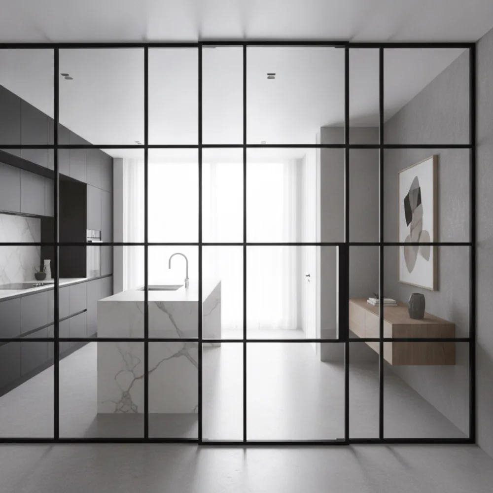 Black steel and glass screen across a contemporary kitchen